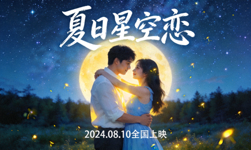 浪漫爱情电影《夏日星空恋》海报，情侣在夏夜星空下拥抱